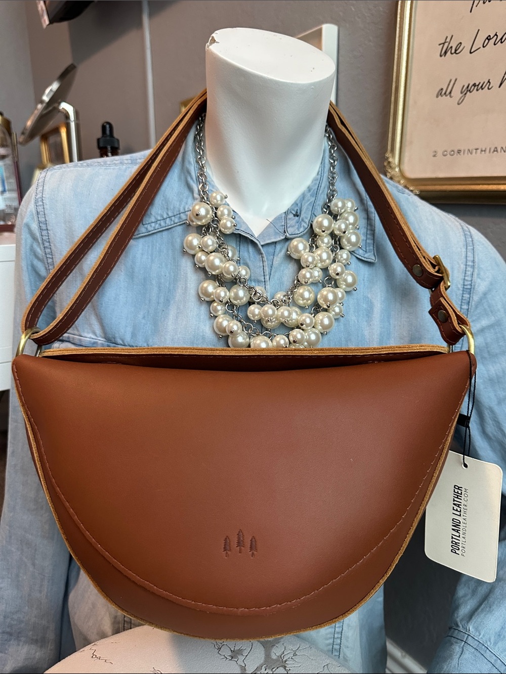 Portland Leather Cognac Crossbody Crescent Bag